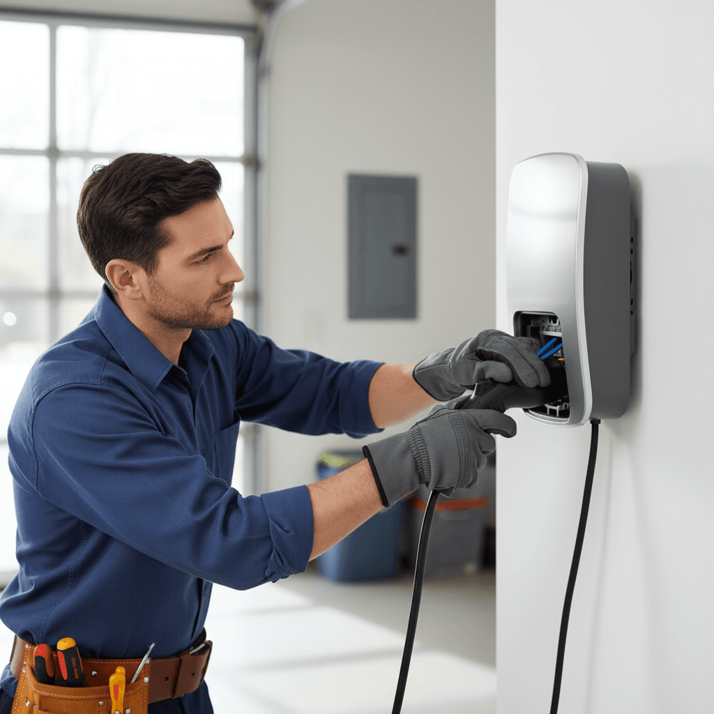 Khalil Amar travaillant sur l'installation de bornes de recharge électriques